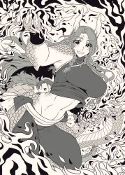 Rule 34 | 1girl, beret, braid, breasts, bright pupils, chibi, chinese clothes, claws, crop top, dragon, dragon girl, dragon horns, dragon tail, fire, greyscale, hat, hong meiling, horns, large breasts, long hair, looking at viewer, midriff, monochrome, monster girl, monsterification, navel, neko majin, pants, parted bangs, sash, scales, slit pupils, smile, solo, star (symbol), tail, toned, touhou, twin braids