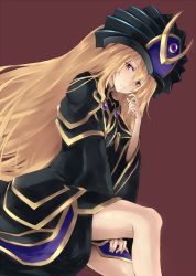 Rule 34 | 1girl, blonde hair, brown background, dark doriado, dress, duel monster, hat, highres, legs, long hair, purple eyes, rr (rr2), sitting, solo, yu-gi-oh!