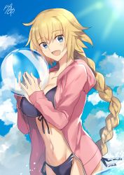 Rule 34 | 1girl, artist name, ball, beachball, bikini, blue ribbon, blue sky, blush, braid, breasts, cleavage, cloud, cloudy sky, collarbone, day, fate/apocrypha, fate (series), hair ribbon, hands up, highres, holding, hood, hoodie, jeanne d&#039;arc (fate), jeanne d&#039;arc (ruler) (fate), jeanne d&#039;arc (white cruising) (fate), large breasts, light rays, long hair, looking at viewer, nikame, ocean, open clothes, open hoodie, open mouth, outdoors, purple bikini, ribbon, sidelocks, signature, single braid, sky, smile, solo, sunbeam, sunlight, swimsuit, tress ribbon, very long hair, wading