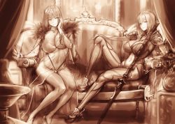 Rule 34 | 2girls, absurdres, armor, bodysuit, breasts, couch, covered navel, curtains, dress, fate/grand order, fate (series), feather trim, fur-trimmed dress, fur trim, gae bolg (fate), hair between eyes, hair intakes, hayama kazusa, headpiece, highres, holding, holding wand, indoors, large breasts, long hair, monochrome, multiple girls, pauldrons, polearm, scathach (fate), scathach skadi (fate), shoulder armor, sitting, smile, spear, tiara, wand, weapon