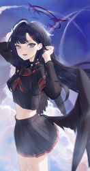Rule 34 | 1girl, :d, absurdres, armband, bad id, bad pixiv id, black hair, black wings, blue archive, blue eyes, blue sky, cloud, cloudy sky, commentary request, feathered wings, hair ornament, hairclip, halo, highres, ichika (blue archive), long hair, long sleeves, looking at viewer, navel, open mouth, parted bangs, pleated skirt, school uniform, serafuku, sheng zhidou, sidelocks, skirt, sky, smile, solo, stomach, wings