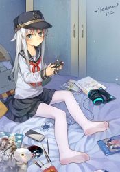 Rule 34 | 10s, 1girl, anchor symbol, animal ear headphones, animal ears, artist name, axent wear, bed sheet, black hat, black skirt, blue eyes, blush, brand name imitation, cat ear headphones, cd, cd case, cellphone, character pillow, closed mouth, collarbone, commentary request, controller, cupboard, dated, digital media player, dualshock, expressionless, fake animal ears, fallout (series), fallout 4, feet, flat cap, food, game console, game controller, gamepad, grey hair, hat, headphones, heart, hibiki (kancolle), highres, holding, indoors, kantai collection, long hair, long sleeves, looking at viewer, magazine (object), neckerchief, no shoes, pantyhose, phone, pillow, playstation 4, playstation controller, pocky, red neckerchief, rensouhou-chan, roman numeral, room, sailor collar, school uniform, serafuku, shirt, sidelocks, sitting, skirt, smartphone, soles, solo, straight hair, tsubasa tsubasa, tsurime, very long hair, white pantyhose, white shirt, wireless