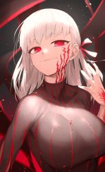 Rule 34 | 1girl, black dress, breasts, chorogon, commentary request, dark persona, dark sakura, dress, facial mark, fate/stay night, fate (series), glowing, glowing eyes, grey background, hair ribbon, highres, large breasts, long hair, looking at viewer, matou sakura, red eyes, red ribbon, ribbon, shiny clothes, smile, smug, solo, upper body, white hair
