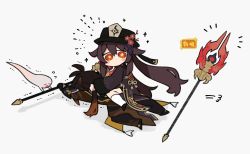 Rule 34 | 1boy, 1girl, antenna hair, black footwear, black headwear, black pants, branch, brown coat, brown hair, chibi, coat, coattails, commentary request, flower, flower-shaped pupils, genshin impact, ghost, grabbing another&#039;s hair, grey background, hair flaps, hat, hat flower, highres, holding, holding polearm, holding weapon, hu tao (genshin impact), jitome, long hair, long sleeves, looking to the side, low ponytail, lying, notice lines, on stomach, pants, polearm, porkpie hat, red eyes, red flower, shigetake (buroira), shoes, sidelocks, simple background, sitting, sitting on person, sleeve cuffs, socks, sparkle, staff of homa (genshin impact), symbol-shaped pupils, tassel, trembling, very long hair, vision (genshin impact), weapon, white legwear, zhongli (genshin impact)