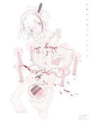 Rule 34 | 1girl, animal ears, between legs, blood, blood on clothes, blood on ground, bloody knife, bloody weapon, blue eyes, blue nails, cake, cake slice, candle, cat ears, collared dress, dagger, dress, extra ears, fingernails, food, fork, frilled dress, frilled pillow, frills, hair ornament, hand between legs, head tilt, heart, highres, holding, holding dagger, holding knife, holding weapon, knife, knife in head, leg ribbon, long fingernails, looking at viewer, maid headdress, nail polish, object through head, original, outo eguchi, own hands together, pillow, plate, red ribbon, ribbon, short sleeves, signature, simple background, sitting, solo, sparkle, thighhighs, translation request, twitter username, two side up, v arms, weapon, white background, white dress, white hair, white ribbon, white thighhighs, wrist cuffs