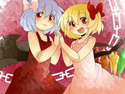 Rule 34 | 2girls, :d, alternate costume, bad id, bad pixiv id, blonde hair, chain, comic, dress, female focus, flandre scarlet, hammer (sunset beach), holding hands, light purple hair, multiple girls, open mouth, pink dress, red dress, red eyes, remilia scarlet, short hair, siblings, silent comic, sisters, smile, touhou, wings