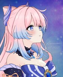Rule 34 | 1girl, bare shoulders, blue bow, blue eyes, blue hair, bow, collar, commentary request, coricori, genshin impact, gradient hair, highres, long hair, multicolored hair, off shoulder, parted lips, pink hair, sangonomiya kokomi, solo, upper body, very long hair
