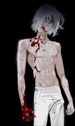 Rule 34 | 1boy, bags under eyes, black background, black eyes, blood, blood on arm, blood on body, blood on face, blood on hands, dungeon meshi, ehvkalsrhkd, elf, empty eyes, hair over one eye, highres, looking down, medium hair, mithrun, multiple scars, notched ear, pants, pointy ears, scar, skinny, topless male, uneven eyes, white hair, white pants