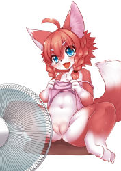 Rule 34 | 1girl, absurdres, ahoge, blue eyes, cleft of venus, fat mons, fox, furry, furry female, highres, hikimayu, long hair, off shoulder, open mouth, pussy, red hair, simple background, solo, spread legs, tagme, uncensored, wet, wolflong