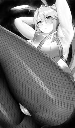 Rule 34 | 1girl, absurdres, ahoge, animal ears, arind yudha, armpits, arms up, artoria pendragon (all), artoria pendragon (fate), artoria pendragon (swimsuit ruler) (fate), bare shoulders, blush, braid, breasts, breasts out, cameltoe, detached collar, fate/grand order, fate (series), fishnet pantyhose, fishnets, french braid, greyscale, hair between eyes, highleg, highleg leotard, highres, large breasts, leotard, long hair, looking at viewer, monochrome, necktie, nipples, pantyhose, playboy bunny, ponytail, rabbit ears, sidelocks, thighs, tiara, wrist cuffs