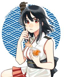 Rule 34 | 1girl, black hair, blush, breasts, food, hair ornament, headgear, holding, holding spoon, kantai collection, medium breasts, nontraditional miko, obi, open mouth, red eyes, red skirt, sagamiso, sash, simple background, skirt, sleeveless, solo, spoon, twitter username, two-tone background, yamashiro (kancolle)