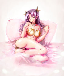 Rule 34 | 1girl, adapted costume, alternate hair color, ass, bad anatomy, bare arms, bare legs, bare shoulders, bed, black collar, black panties, blush, breasts, brown ribbon, cameltoe, cleavage, collar, fate/grand order, fate (series), female focus, finger to cheek, hair ribbon, hands up, head tilt, highres, ishtar (fate), jewelry, large breasts, legs, long hair, looking at viewer, lying, neck, no crown, on bed, on side, open mouth, panties, parted bangs, pillow, purple hair, revealing clothes, ribbon, round teeth, solo, strapless, tape de banana, teeth, thighs, tohsaka rin, tube top, two side up, type-moon, underwear, yellow eyes, yellow tubetop