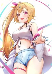 Rule 34 | 1girl, absurdres, bare shoulders, blonde hair, blush, breasts, commentary request, equal (heartstrings), hair ornament, hair ribbon, heterochromia, highres, hoshikawa sara, hoshikawa sara (1st costume), jacket, large breasts, long hair, looking at viewer, navel, nijisanji, open mouth, red eyes, ribbon, shirt, side ponytail, smile, solo, virtual youtuber, x hair ornament, yellow eyes