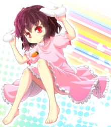 Rule 34 | 1girl, :/, animal ears, barefoot, black hair, carrot, carrot necklace, inaba tewi, jewelry, legs, looking at viewer, morioka itari, necklace, pendant, rabbit ears, red eyes, short hair, sitting, solo, touhou