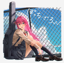 Rule 34 | absurdres, black skirt, blue eyes, blush, bocchi the rock!, breasts, brown footwear, brown shirt, chain-link fence, fence, from side, gotoh hitori, guitar, guitar case, hair between eyes, highres, holding own arm, instrument, instrument case, kneehighs, long hair, looking at viewer, lufi ays, medium breasts, nervous, on roof, open mouth, pink hair, pleated skirt, rooftop, school, school uniform, serafuku, shirt, shoes, sitting, skirt, socks