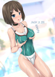 Rule 34 | 1girl, adapted costume, artist logo, blue eyes, blurry, breast hold, breasts, brown hair, commentary request, competition swimsuit, cowboy shot, dated, depth of field, hair ornament, highres, kantai collection, maya (kancolle), maya kai ni (kancolle), medium breasts, multicolored clothes, multicolored swimsuit, munekisu, one-piece swimsuit, short hair, solo, swimsuit, wet, wet clothes, wet swimsuit, x hair ornament