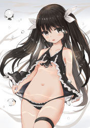 Rule 34 | 1girl, :o, absurdres, air bubble, babydoll, bad id, bad pixiv id, bare arms, bare shoulders, black babydoll, black eyes, black hair, black panties, black ribbon, breasts, bubble, collarbone, cowboy shot, fang, floating hair, frills, hair ribbon, highres, long hair, looking at viewer, navel, original, panties, panty pull, parted lips, qianqiu wanxia, ribbon, small breasts, solo, standing, stomach, thigh strap, thighs, two side up, underwear, very long hair, white ribbon