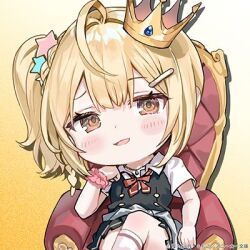 Rule 34 | 1girl, ahoge, black skirt, black vest, blonde hair, blush, bow, bowtie, braid, brown eyes, buttons, clenched hand, clothes around waist, collared shirt, cropped, crossed legs, crown, double-breasted, hair ornament, hairclip, hand up, jewelry, kneehighs, lowres, medium hair, mini crown, miyamae nonoa, momoko (momopoco), necklace, official art, open mouth, pleated skirt, red bow, red bowtie, school uniform, scrunchie, second-party source, shirt, short sleeves, side ponytail, sidelocks, sitting, sitting on throne, skirt, smirk, socks, solo, star (symbol), star hair ornament, throne, tokidoki bosotto roshia-go de dereru tonari no arya-san, vest, white socks, wing collar, wrist scrunchie