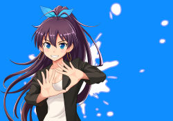 Rule 34 | 1girl, antenna hair, black hair, black jacket, blue background, blue bow, blue eyes, blush, bow, breasts, cleavage, clenched teeth, collarbone, earrings, female focus, floating hair, ganaha hibiki, grin, hair between eyes, hair bow, hands up, high ponytail, hoop earrings, idolmaster, idolmaster (classic), jacket, jewelry, long hair, long sleeves, looking at viewer, medium breasts, neck, open clothes, open jacket, shirt, simple background, smile, solo, standing, teeth, upper body, v-shaped eyebrows, very long hair, white shirt, yoga doujou (misawajima)