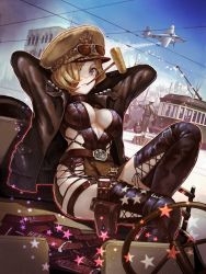 Rule 34 | 1girl, aircraft, airplane, aviator sunglasses, black jacket, black thighhighs, blonde hair, blue sky, breasts, car, closed mouth, contrail, copyright request, day, eyewear on headwear, grey hat, hair over one eye, hat, jacket, kaoming, large breasts, leaning back, leather, leather jacket, long sleeves, looking at viewer, motor vehicle, mouth hold, official art, one eye covered, outdoors, peaked cap, purple eyes, sitting, skin tight, sky, solo, streetcar, sunglasses, thighhighs
