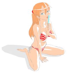 Rule 34 | 1girl, arm support, barefoot, bikini, blue eyes, breasts, food, hachimitsuboi, hair ornament, holding, holding food, ice cream, interface headset, licking, long hair, looking at viewer, medium breasts, neon genesis evangelion, orange hair, popsicle, red bikini, side-tie bikini bottom, simple background, sketch, solo, souryuu asuka langley, striped bikini, striped clothes, swimsuit, toes, tongue, tongue out, two side up, white background