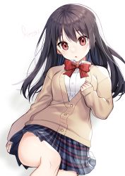 Rule 34 | 1girl, :o, blush, bow, bowtie, brown hair, cardigan, grey skirt, hand up, highres, konogi nogi, long hair, long sleeves, looking at viewer, miniskirt, original, parted lips, pleated skirt, red bow, red bowtie, red eyes, school uniform, shirt, signature, simple background, skirt, sleeves past wrists, solo, white background, white shirt