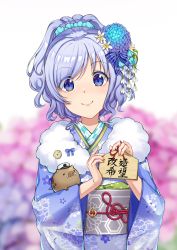 Rule 34 | 1girl, alternate costume, anchor symbol, beads, blue eyes, blue hair, blurry, blurry background, blush, chinese zodiac, commentary request, ema, fengxiang mimi, field, flower, flower field, hair beads, hair flower, hair ornament, hair ribbon, highres, holding, holding ema, japanese clothes, kanzashi, kimono, looking at viewer, pig, ribbon, short hair, sigsbee (warship girls r), smile, solo, warship girls r, year of the pig, yukata