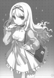 Rule 34 | 1girl, absurdres, bag, breasts, choker, cleavage, collarbone, dress, female focus, frilled dress, frills, gradient background, greyscale, h2so4, hair ribbon, hand on own face, handbag, highres, long hair, monochrome, original, ribbon, solo, sparkle, standing, thighhighs, tongue