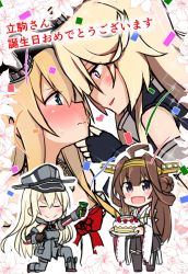 Rule 34 | 10s, 4girls, ahoge, atsushi (aaa-bbb), bare shoulders, birthday cake, bismarck (kancolle), blonde hair, blue eyes, blush, brown gloves, brown hair, cake, candle, commentary request, crown, detached sleeves, double bun, dress, female focus, fingerless gloves, flower, food, gloves, grabbing another&#039;s chin, grey legwear, hair between eyes, hair bun, hairband, hand on another&#039;s chin, hat, headgear, highres, iowa (kancolle), japanese clothes, jewelry, kantai collection, kongou (kancolle), lily (flower), long hair, long sleeves, military, military hat, military uniform, mini crown, multiple girls, necklace, nontraditional miko, party popper, peaked cap, red flower, red ribbon, red rose, remodel (kantai collection), ribbon, ribbon-trimmed sleeves, ribbon trim, rose, skirt, smile, star-shaped pupils, star (symbol), sweatdrop, swept bangs, symbol-shaped pupils, thighhighs, translated, uniform, warspite (kancolle), white background, white dress, yuri