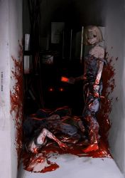 Rule 34 | 1girl, absurdres, blood, blood on clothes, blood on face, blood on hands, blood on wall, blood splatter, bloody weapon, breasts, cellphone, cleavage, clone, corpse, dark, dated, death, gloves, guro, hair between eyes, hammer, highres, holding, holding phone, ierotak, indoors, light brown hair, off shoulder, open mouth, original, overalls, phone, red eyes, short hair, suspenders, weapon, white gloves, wire