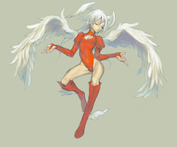 Rule 34 | 1girl, angel wings, boots, breasts, bridal gauntlets, cleavage, cleavage cutout, closed eyes, clothing cutout, covered navel, feathers, final fantasy, final fantasy tactics, full body, grey background, groin, head wings, highleg, highleg leotard, hip focus, knee boots, kneehighs, legs apart, leotard, long hair, low twintails, parted bangs, parted lips, puffy sleeves, red footwear, red leotard, red socks, shoes, simple background, skinny, small breasts, socks, solo, turtleneck, twintails, ultima (fft), very long hair, white hair, white wings, winged footwear, wings