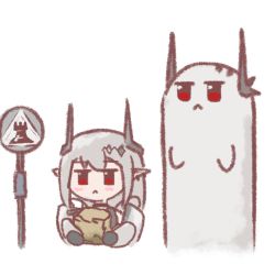 Rule 34 | 1girl, :&lt;, arknights, black choker, black gloves, blush stickers, chibi, choker, closed mouth, commentary, dual persona, gloves, grey hair, holding, horns, jumpsuit, justyoki, long hair, long sleeves, mixed-language commentary, mudrock (arknights), pointy ears, red eyes, road sign, sign, sketch, tonari no totoro, white jumpsuit