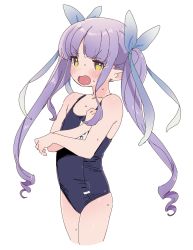 Rule 34 | 1girl, blush, covering privates, cowboy shot, embarrassed, female focus, flat chest, green eyes, hair ribbon, highres, kyoka (princess connect!), legs together, mizuno uchi, one-piece swimsuit, open mouth, parted bangs, pointy ears, princess connect!, purple hair, ribbon, solo, swimsuit, twintails