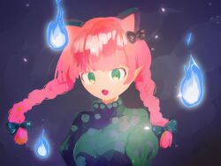 Rule 34 | 1girl, :3, :d, alternate eye color, animal ears, black bow, blunt bangs, bow, braid, breasts, cat ears, commentary request, dark background, dress, extra ears, eyebrows hidden by hair, floating hair, floral print, green dress, green eyes, hair bow, hair ribbon, highres, hitodama, juliet sleeves, kaenbyou rin, kohello, long hair, long sleeves, looking at viewer, medium breasts, open mouth, pointy ears, puffy sleeves, purple background, red hair, ribbon, rose print, simple background, slit pupils, smile, solo, touhou, tress ribbon, twin braids, upper body