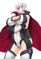 Rule 34 | 1girl, absurdres, bare shoulders, blush, breasts, cleavage, covered navel, denizen tomo, eyepatch, highres, huge breasts, light rays, mecha musume, original, purple eyes, science fiction, self-upload, short hair, silver hair, smile, solo, standing, thighhighs