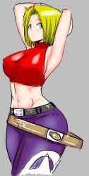 Rule 34 | 1girl, armpits, arms behind head, blonde hair, blue eyes, blue mary, breasts, large breasts, midriff, navel, okyou, pants, short hair, smile, snk, solo, the king of fighters, thick thighs, thighs