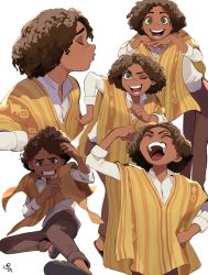 Rule 34 | 1boy, brown hair, brown pants, camilo madrigal, closed eyes, curly hair, dark-skinned male, dark skin, encanto, hand on own hip, multiple views, one eye closed, open mouth, pano (mohayayamai), pants, poncho, sandals, simple background, solo, white background