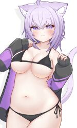 Rule 34 | 1girl, ahoge, animal ear fluff, animal ears, bikini, black bikini, black jacket, blush, breasts, cat ears, cat girl, cat tail, cleavage, closed mouth, cowboy shot, hair between eyes, hand on own shoulder, hand up, highres, hololive, hololive gamers, jacket, large breasts, long sleeves, looking at viewer, mochigomemcmc, navel, nekomata okayu, off shoulder, purple eyes, purple hair, purple jacket, short hair, smile, solo, standing, stomach, swimsuit, tail, thighs, underboob, virtual youtuber, white background