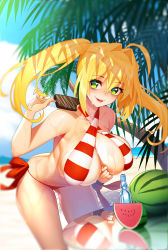 Rule 34 | 1girl, :p, ahoge, bare arms, bare shoulders, beach, bikini, blonde hair, blue sky, bottle, breasts, cleavage, cloud, collarbone, commentary request, criss-cross halter, day, eyelashes, fate/extra, fate/grand order, fate (series), fingernails, food, fruit, green eyes, groin, hair between eyes, hair intakes, halterneck, hand up, highres, holding, holding food, ice cream, jewelry, large breasts, leaning forward, long fingernails, long hair, looking at viewer, nero claudius (fate), nero claudius (fate) (all), nero claudius (swimsuit caster) (fate), niccya, ocean, open mouth, outdoors, palm tree, popsicle, red bikini, reflection, sand, side-tie bikini bottom, side-tie swimsuit, sideboob, sidelocks, skindentation, sky, smile, solo, standing, striped bikini, striped clothes, sweat, swimsuit, table, teeth, tongue, tongue out, tree, twintails, underboob, upper teeth only, water, water bottle, watermelon