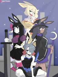 Rule 34 | 4girls, animal ears, arm wrap, assassin rabbit, black camisole, black hat, black shirt, black skirt, blonde hair, blunt bangs, bow, breasts, camisole, closed mouth, colored skin, commentary, crescent, dagger, dancer rabbit, dark-skinned female, dark skin, ears through headwear, english commentary, expressionless, feet out of frame, fennel (twobittactics), greatsword, grey hair, hair between eyes, hair over one eye, hat, hat bow, heavyblade rabbit, highres, holding, holding dagger, holding knife, holding sword, holding weapon, knife, leg wrap, long bangs, long hair, long sleeves, looking at viewer, medium bangs, medium breasts, multicolored hair, multiple girls, one eye closed, pink bow, pink eyes, pink hair, puffy short sleeves, puffy sleeves, purple bow, purple shirt, rabbit and steel, rabbit ears, rabbit girl, ribbon-trimmed tube top, shirt, short hair, short sleeves, sidelocks, skirt, smile, strapless, sword, tube top, two-tone hair, weapon, white skin, witch hat, wizard rabbit, yellow eyes, yellow skirt, yellow tube top