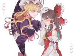 Rule 34 | 2girls, ascot, blonde hair, blush, bow, breasts, brown hair, choker, closed mouth, commentary request, crying, crying with eyes open, detached sleeves, dress, elbow gloves, frilled bow, frilled hair tubes, frills, gap (touhou), gloves, hair bow, hair ribbon, hair tubes, hakurei reimu, hat, hat ribbon, headpat, highres, long hair, medium breasts, mob cap, multiple girls, nontraditional miko, pepetin 0147, puffy short sleeves, puffy sleeves, purple dress, purple eyes, red bow, red choker, red ribbon, ribbon, short sleeves, sidelocks, smile, tears, touhou, tress ribbon, white gloves, white headwear, wide sleeves, yakumo yukari, yellow ascot