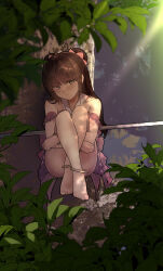 1boy absurdres anklet bare_arms bare_legs bare_shoulders barefoot black_hair bracelet chi_lian_(yewang19) chinese_clothes crossed_legs dress dudou earrings feet frilled_dress frills hair_horns highres jewelry long_hair looking_at_viewer original pink_dress red_dress trap yewang19