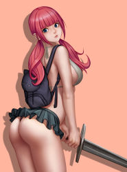Rule 34 | 1girl, ass, backpack, bag, bare arms, bare shoulders, bikini, bikini skirt, black bikini, blue eyes, blunt bangs, breasts, closed mouth, from behind, grey bikini, highres, hip focus, holding, holding sword, holding weapon, jungon kim, large breasts, leaning forward, lips, long hair, looking at viewer, looking back, low twintails, mismatched bikini, orange background, original, pink hair, sideboob, sidelocks, simple background, solo, standing, swimsuit, sword, thighs, thong, twintails, weapon