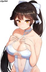 Rule 34 | 1girl, absurdres, azur lane, bare shoulders, blush, bow, breasts, brown hair, closed mouth, collarbone, covered navel, criss-cross halter, hair bow, hair flaps, halterneck, hands on own chest, highres, large breasts, long hair, looking at viewer, one-piece swimsuit, ponytail, rangen, see-through, sidelocks, simple background, smile, solo, swimsuit, takao (azur lane), takao (beach rhapsody) (azur lane), twitter username, upper body, very long hair, white background, white bow, white one-piece swimsuit, yellow eyes