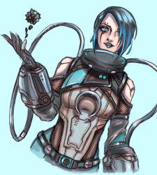 Rule 34 | 1girl, apex legends, black gloves, black hair, blue background, blue eyes, blue hair, blue lips, breasts, cable, catalyst (apex legends), clothing cutout, crescent, eyebrow piercing, gloves, looking to the side, medium breasts, mikepo, multicolored hair, parted lips, piercing, shoulder cutout, smile, solo, streaked hair, upper body