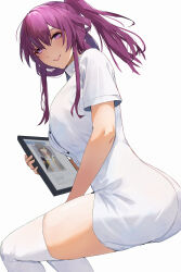Rule 34 | 1girl, alternate costume, ass, blush, breasts, buttons, clisapex, collared shirt, doctor, dress shirt, from side, hair between eyes, highres, holding, honkai: star rail, honkai (series), kafka (honkai: star rail), large breasts, long hair, looking at viewer, pink lips, ponytail, purple eyes, purple hair, shirt, short sleeves, sidelocks, simple background, smile, solo, stelle (honkai: star rail), thighhighs, trailblazer (honkai: star rail), white background, white shirt, white thighhighs