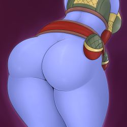 Rule 34 | 1girl, ass, blue skin, breasts, colored skin, from behind, highres, league of legends, lower body, no panties, pov, solo, thick thighs, thighs, tristana, yordle