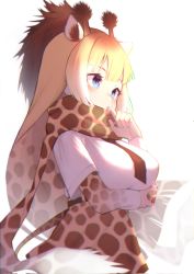 Rule 34 | 1girl, akuma (st.takuma), animal ear fluff, animal ears, animal print, arm under breasts, black necktie, blonde hair, breasts, brown hair, chromatic aberration, commentary, finger to mouth, from side, giraffe ears, giraffe horns, giraffe print, highres, horns, kemono friends, large breasts, layered sleeves, long hair, long sleeves, looking away, multicolored hair, necktie, print scarf, print skirt, print sleeves, reticulated giraffe (kemono friends), scarf, short over long sleeves, short sleeves, simple background, skirt, solo, two-tone hair, very long hair, white background
