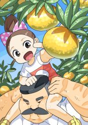 Rule 34 | 1boy, 1girl, :o, black hair, bow, brown hair, child, day, facial hair, father and daughter, food, fruit, hair up, hige habahiro, highres, mustache, ojisan to marshmallow, on shoulders, otoi rekomaru, outdoors, pink bow, polka dot, polka dot bow, shadow, shorts, yellow footwear