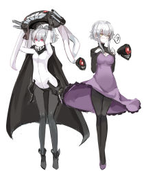 Rule 34 | 2girls, absurdres, abyssal ship, bodysuit, breasts, cape, cosplay, costume switch, crossover, darker than black, dress, gloves, hair ribbon, highres, kantai collection, crossed legs, long hair, look-alike, multiple girls, pale skin, pantyhose, personification, ponytail, purple dress, red eyes, ribbon, saberiii, short hair with long locks, sidelocks, silver hair, standing, white background, wo-class aircraft carrier, wo-class aircraft carrier (cosplay), yellow eyes, yin (cosplay), yin (darker than black)